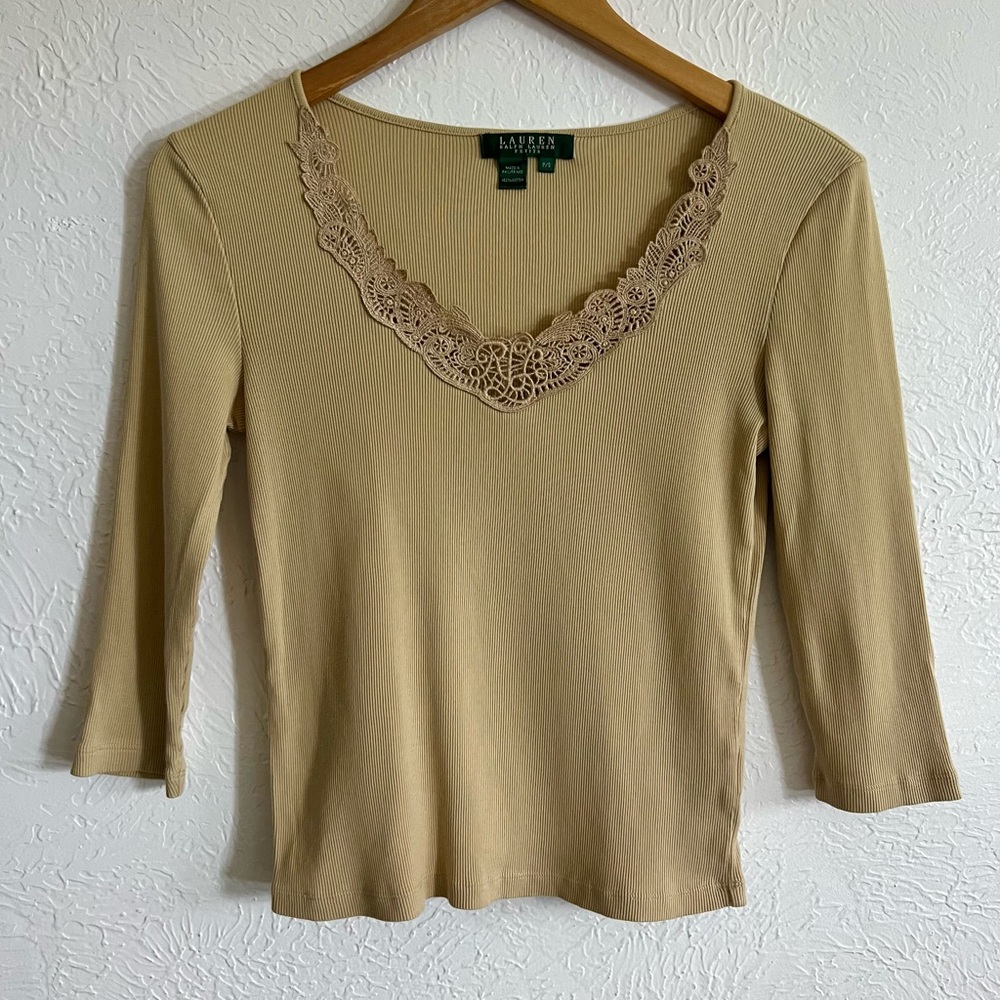 Ralph Lauren 3/4 Sleeve Ribbed Tee Shirt w/ Lace Trim Size Small 90s Vintage